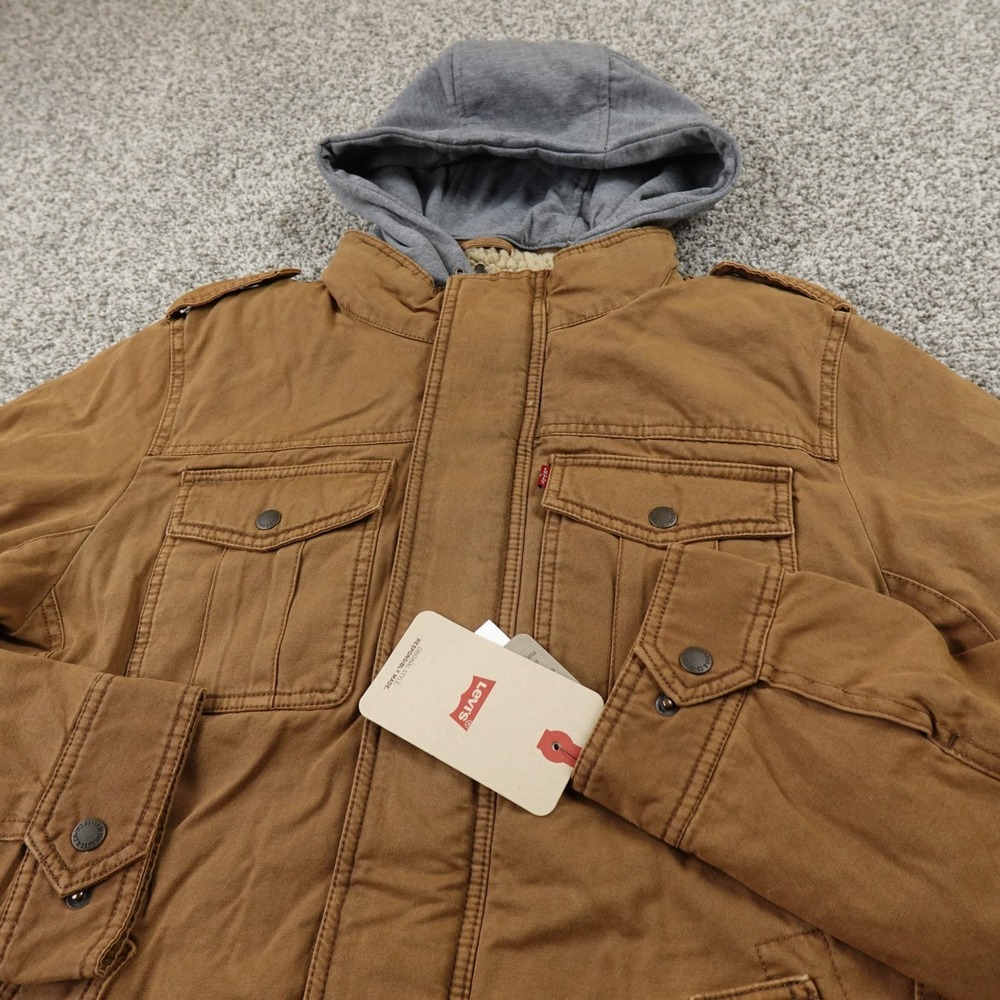NEW Levis Jacket Mens M Brown Hooded Trucker Sherpa Lined Work Coat Western Army